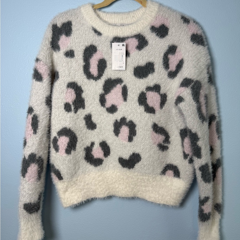 Hooked Up Cream Fuzzy Leopard Sweater with Pink & Gray Spots